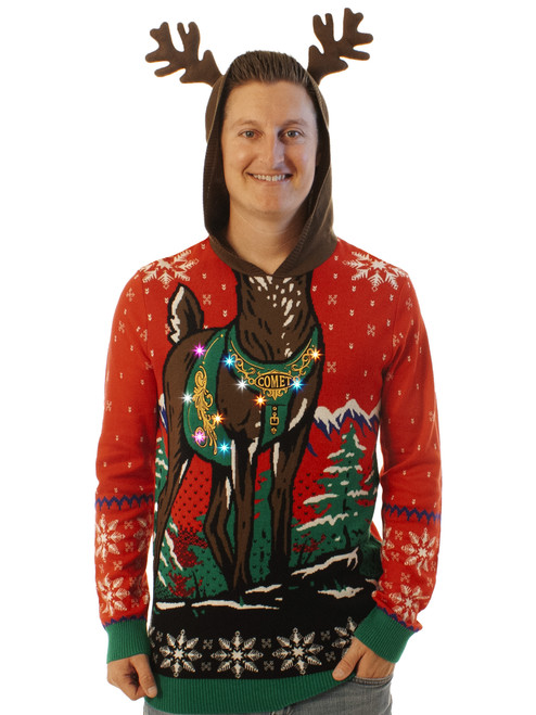 Ugly Christmas Party Light Up Knitted Ugly Christmas Sweater for Men and Women - LED Red Reindeer Hoodie
