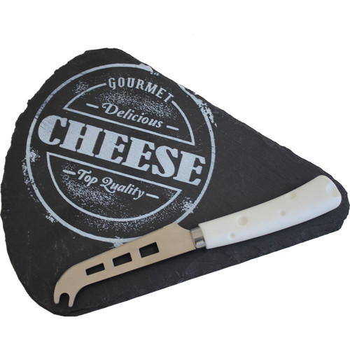 11.75" Black and White Triangular Wedge Shape Slate Cutting Board with Stainless Steel Knife - 33479700