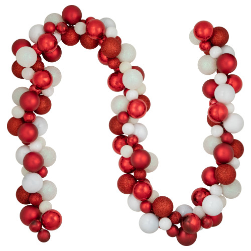 6' Red and White 3-Finish Shatterproof Ball Christmas Garland