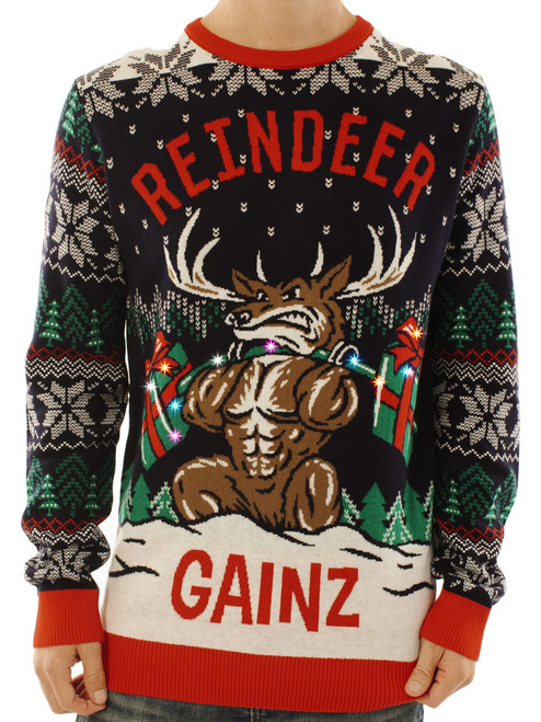 Ugly Christmas Party Light Up Knitted Ugly Christmas Sweater for Men and Women - Reindeer Gainz LED
