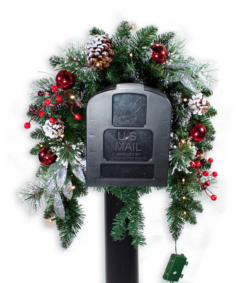 36" Pre-lit Decorated Frosted Artificial Pine Christmas Mailbox Swag
