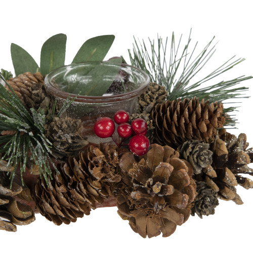 Northlight 32 Frosted Pine Cone and Berries Artificial Christmas Candle  Holder Centerpiece
