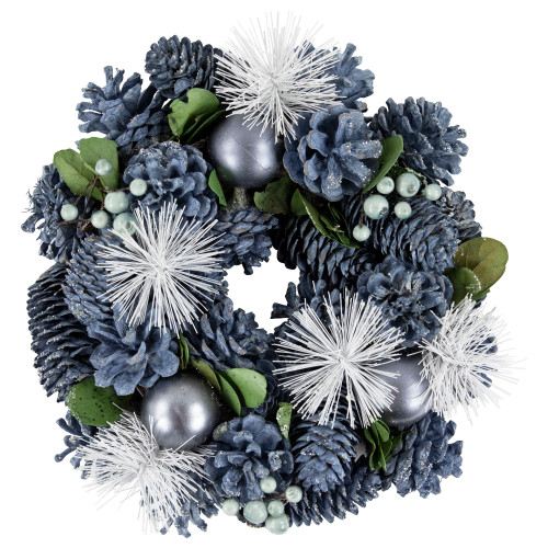 Pinecones, Ornaments and Pine Needles Christmas Wreath - 10" - Unlit - Blue