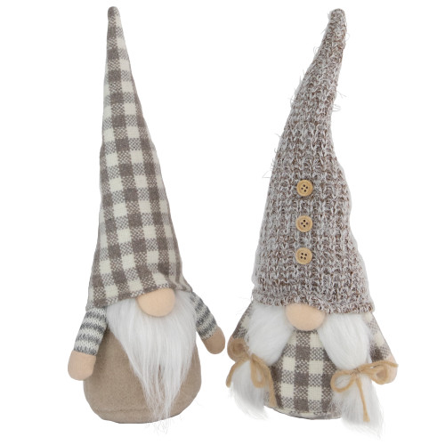 Plush Gingham Nordic Christmas Gnomes Figures - 13" - Beige and White - Set of 2