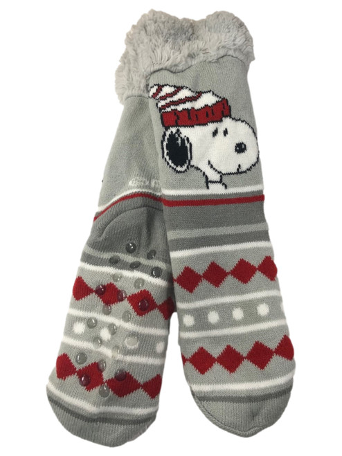 Peanuts Women Plush Gray Snoopy Dog Christmas Holiday Slipper Cabin Socks