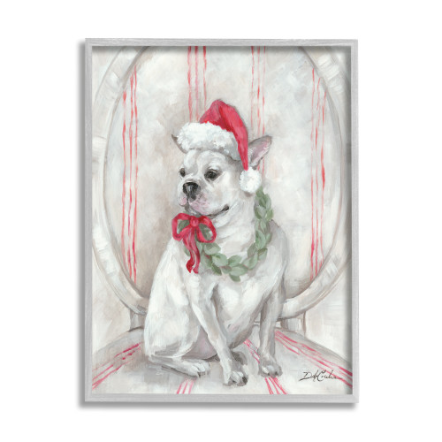 French Bulldog Wearing Santa Claus Hat Gray Framed Wall Art, 16" x 20"