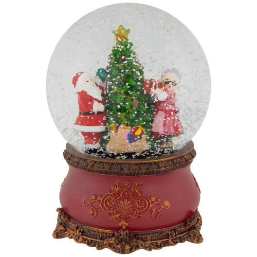 Santa and Mrs. Claus Decorating Christmas Tree Musical Snow Globe - 6"