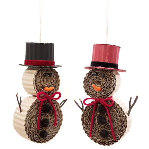 Set of 4 Corrugated Kraft Snowman Christmas Ornaments 7.75"