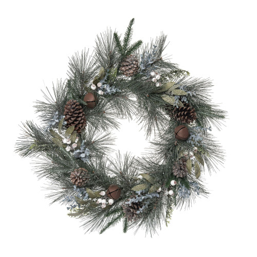 Mixed Greenery Artificial Christmas Wreath with Bells, 24-Inch, Unlit