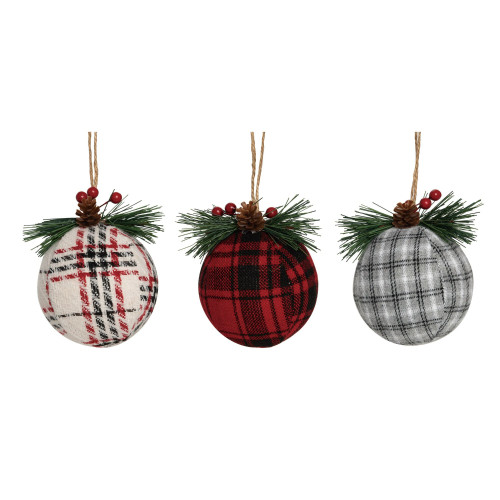 Set of 3 Black and White Plaid Christmas Ball Ornaments 4"