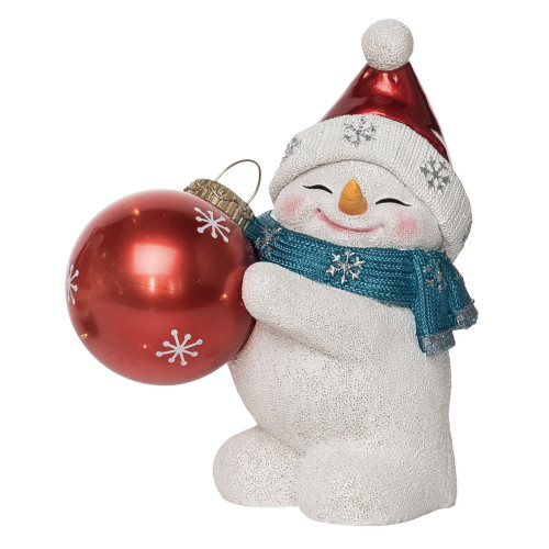 10" White and Blue Lighted Snowman with Santa Hat Holding Ornament