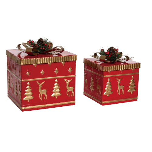 Set of 2 Nesting Christmas Gift Boxes with Bows 10"