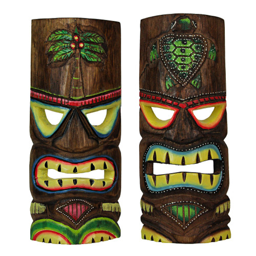 12 Inch Carved Wood Tiki Mask Wall Art Palm Tree/ Turtle (Set of 2)