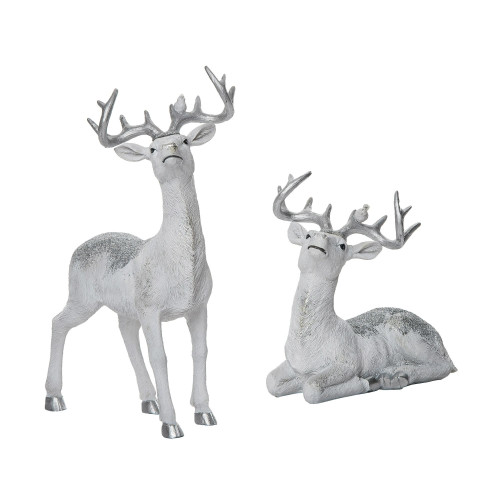 Set of 2 White and Silver Glitter Reindeer Christmas Decor 10"