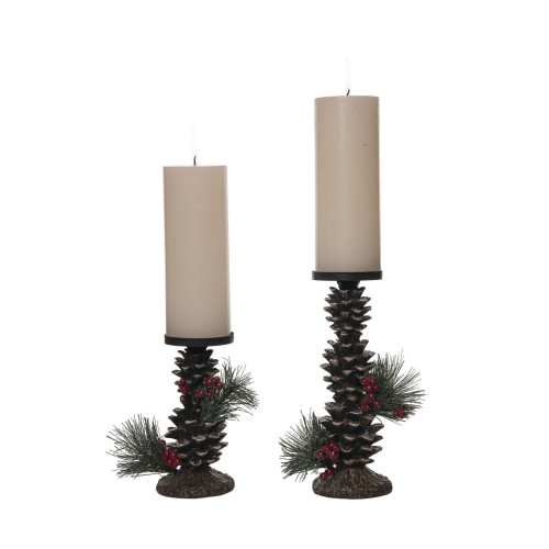 Set of 2 Rustic Pinecone Pillar Candle Holders 10"