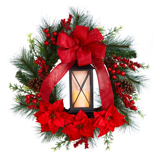 Pre-lit Poinsettia and Berry Artificial Christmas Wreath with Lantern, 28-Inch