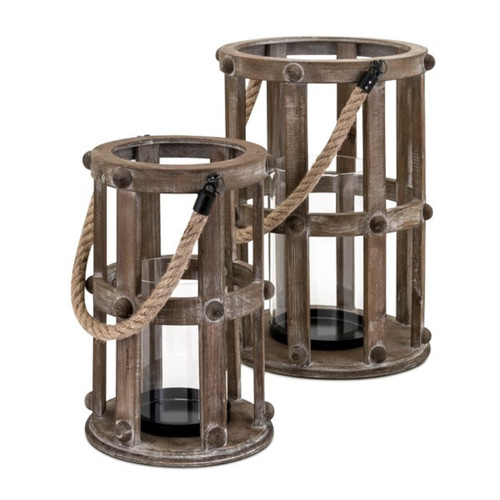 Set of 2 Brown Distressed Finish Cage Style Frame Wood Lanterns