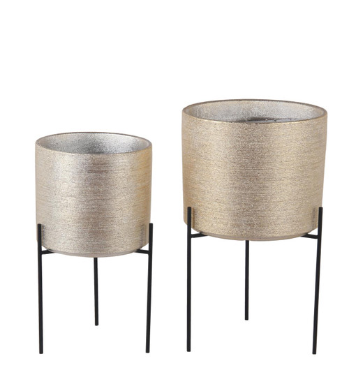 Privilege Set Of 2 Woven Gold And Black Ceramic And Metal Planters 78236