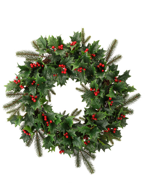 Holly and Pine Artificial Christmas Wreath with Berries, 24-Inch, Unlit