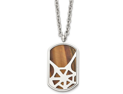 Mens Stainless Steel Tigers Eye Spider Web Dog Tag Pendant Necklace with Chain (24 Inches)