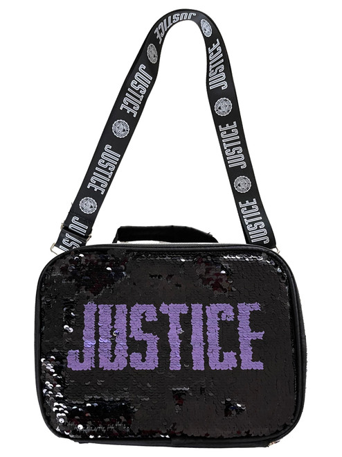 Justice Sport Black & Purple Sequin Insulated Lunch Box Lunch Bag Tote, Lunchbox
