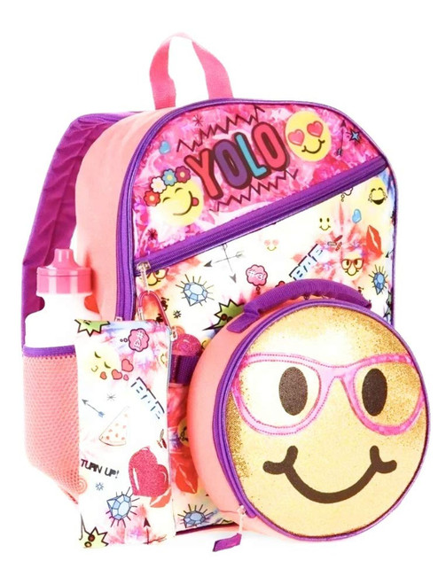 Yolo Emoji Sentiment Backpack & Lunch Box 5 Piece Set With Water Bottle