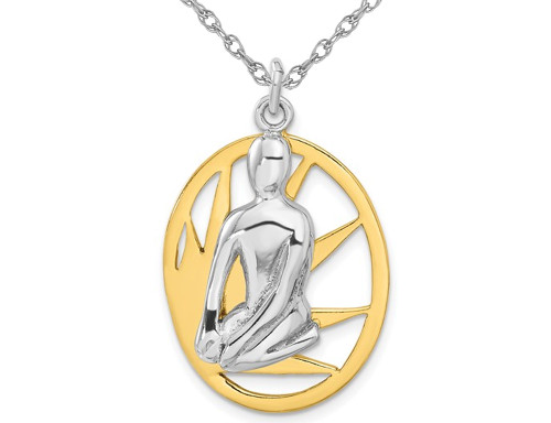 Sterling Silver with Yellow Plating Textured Yoga Charm Pendant Necklace with Chain