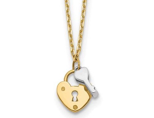 14K Yellow and White Gold Heart Lock and Key Charm Pendant Necklace with Chain