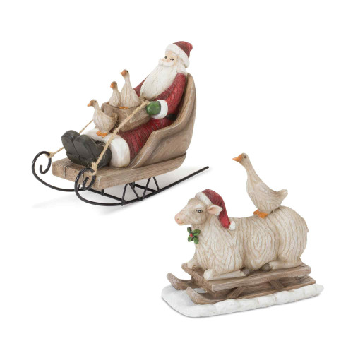 Set of 2 Farmhouse Santa on Sled Tabletop Christmas Figurines 5.5"