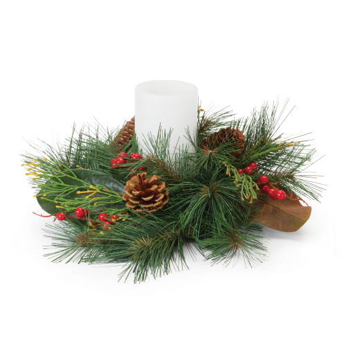 Set of 2 Mixed Pine with Magnolia and Berry Christmas Candle Rings 12.5"