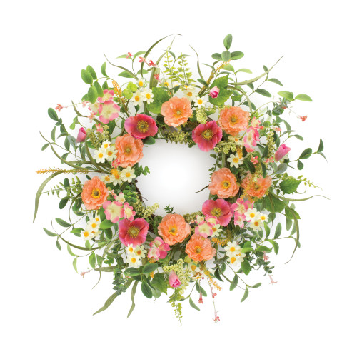 Orange and Pink Poppies Artificial Floral Wreath, 22-Inch