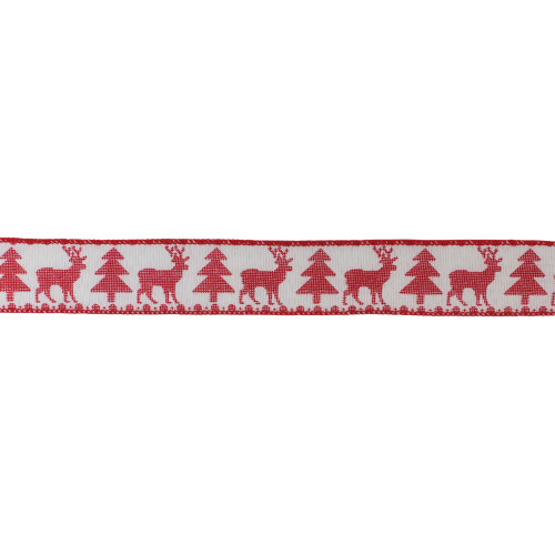 Reindeer and Christmas Tree Wired Craft Ribbon - 2.5" x 20 Yards - Red and White