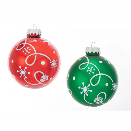 Red and Green with White Swirl Design Christmas Ball Ornament 3" (80mm)