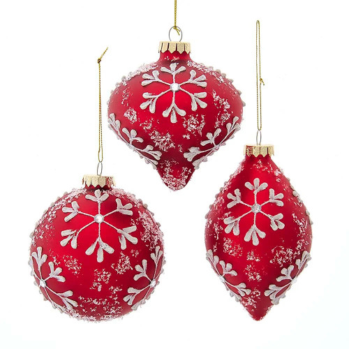 Pack of 6 Glass Red and White Snowflake Design Christmas Ornaments 3.5" (90mm)