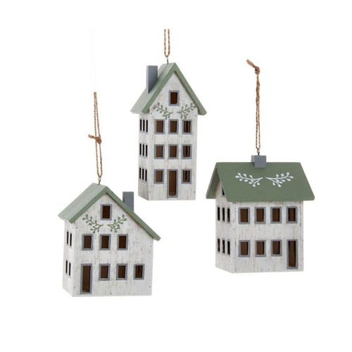 Set of 6 Wooden House Christmas Ornaments