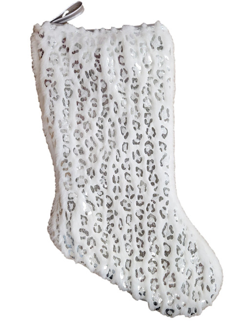 Fuzzy White Shiny Silver Foil Cheetah Print Christmas Holiday Stocking Decor