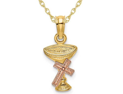 14K Yellow and Rose Gold Communion Cup with Cross Charm Pendant Necklace with Chain