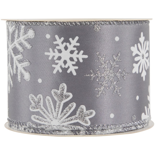 2.5 in. x 16 yds. Grey and White Glitter Snowflake Wired Craft Ribbon