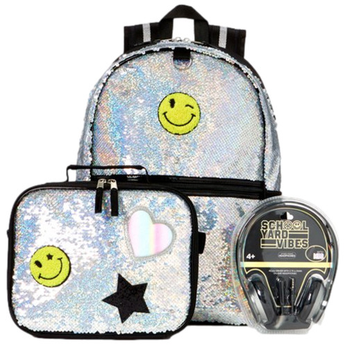 Schoolyard Vibes Silver Sequin Kids 16" Backpack & Lunchbag with Headphones 3 Pc