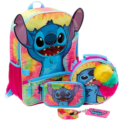 Disney Stitch Kids Rainbow Tie Dye 17" Laptop Backpack & Lunch Bag, 4 Piece Set