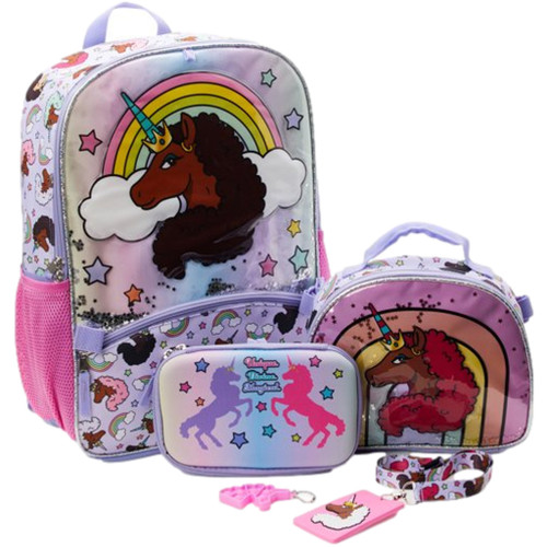 Afro Unicorn Kids 17" Laptop Backpack & Lunch Bag, 5 Piece Set