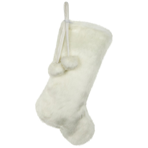 Polar Bear Faux Fur Christmas Stocking with Pom Poms - 20.5" - White