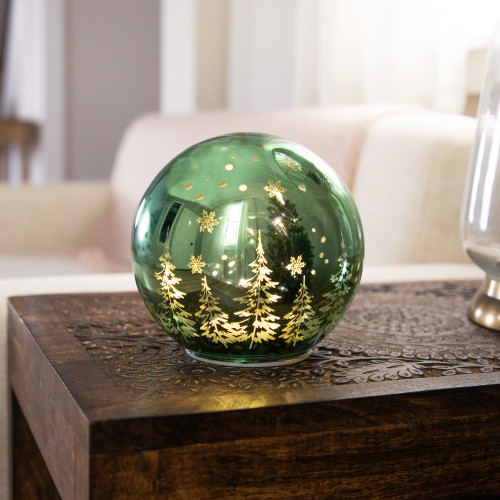 LED Lighted Pine Trees and Snowflakes Glass Globe Christmas Decoration - 6"