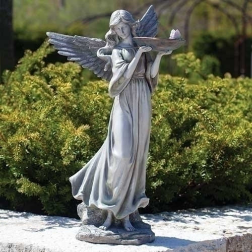 20.25" Gray Weathered Angel Holding Bird Feeder Garden Statue