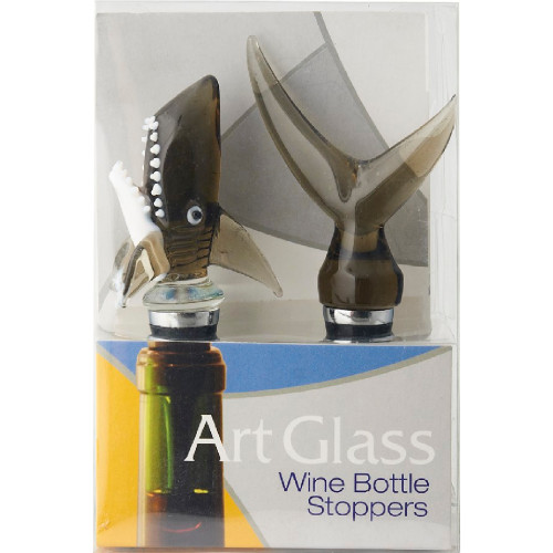 Set of 2 Green and Clear Shark Head and Shark Tale Design Hand Blown Bottle Stoppers 5.25" - 33479749