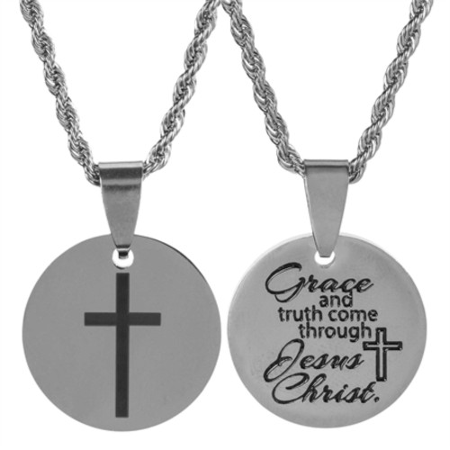 18" Silver "Cross and John 1:17" Engraved Pendant Necklace