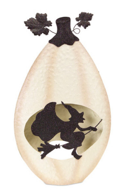19.5" Glitter Embellished White and Black Jack-O-Lantern Witch Design Pumpkin Pillar Candle Holder