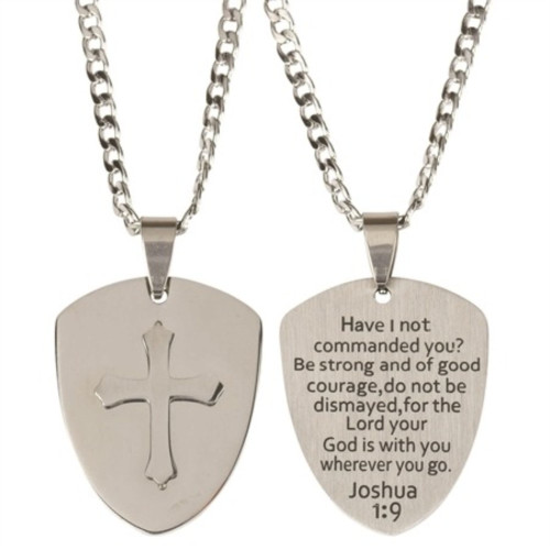 24" Silver Men's Shield Necklace with Cross