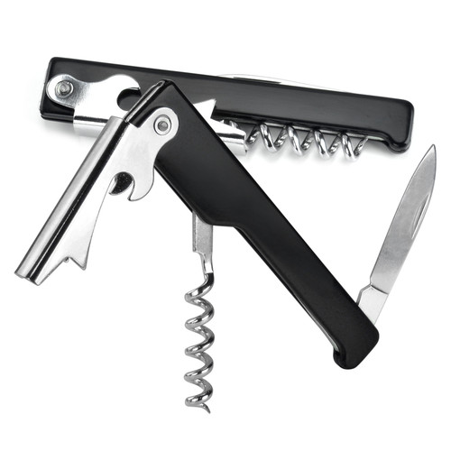 7.25" Black Color Waiter Style Stainless Steel Pocket Corkscrew with Serrated Knife - 33479616