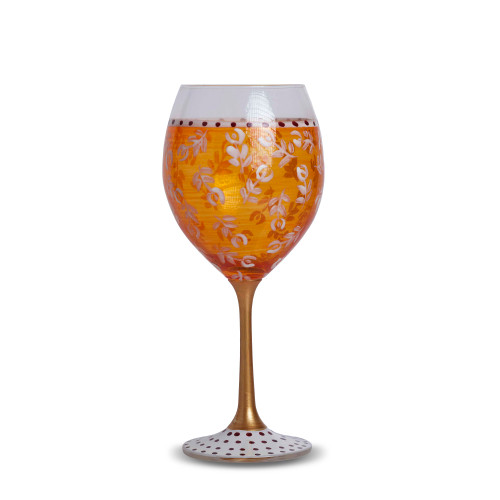 8.5” Clear and Orange Hand Painted Nature’s Splendor Wine Glass 16 oz - 33480092